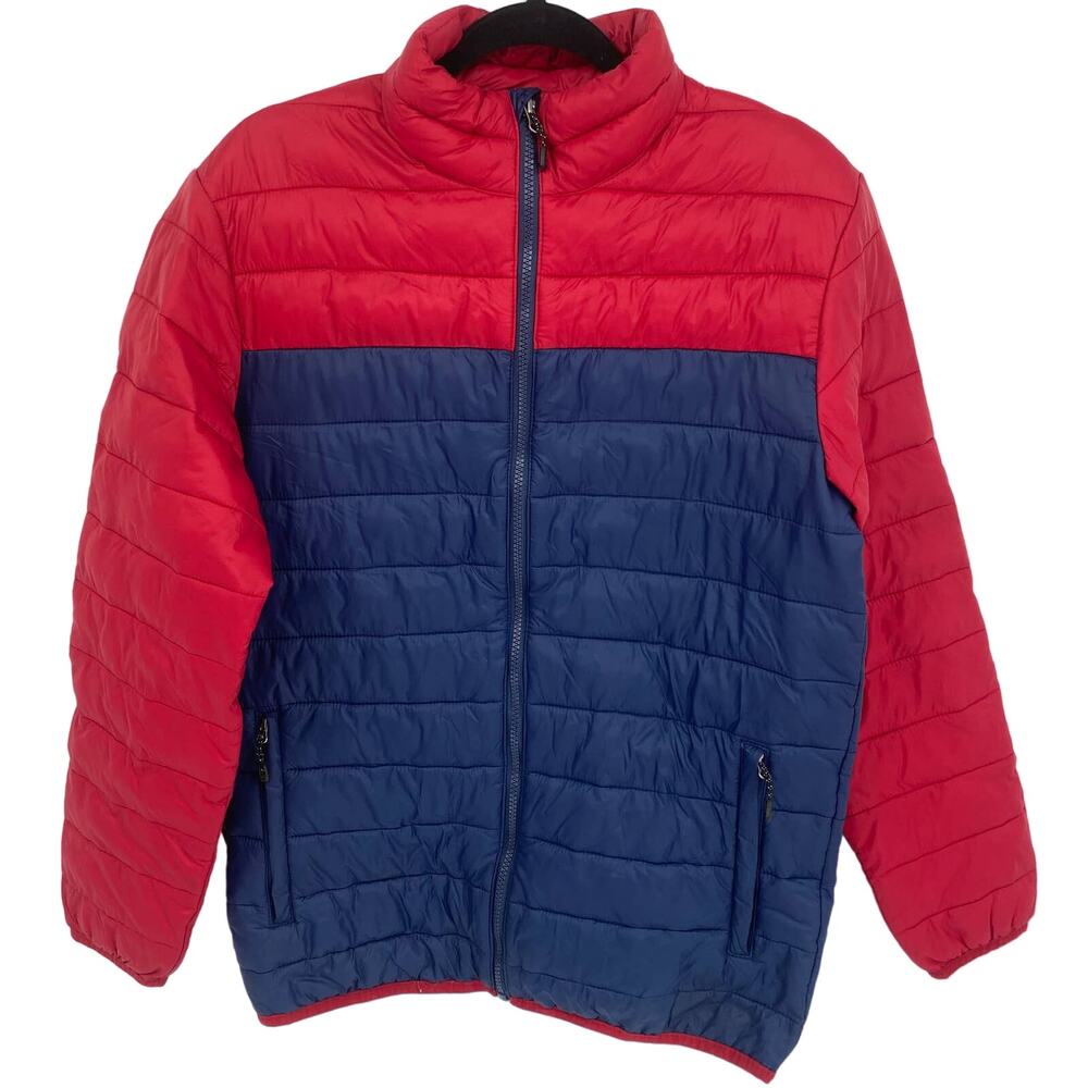 Swisstech Men 34-36 Blue Red Puffer Jacket Zip Packable Lightweight Coat FLAW - Picture 1 of 9
